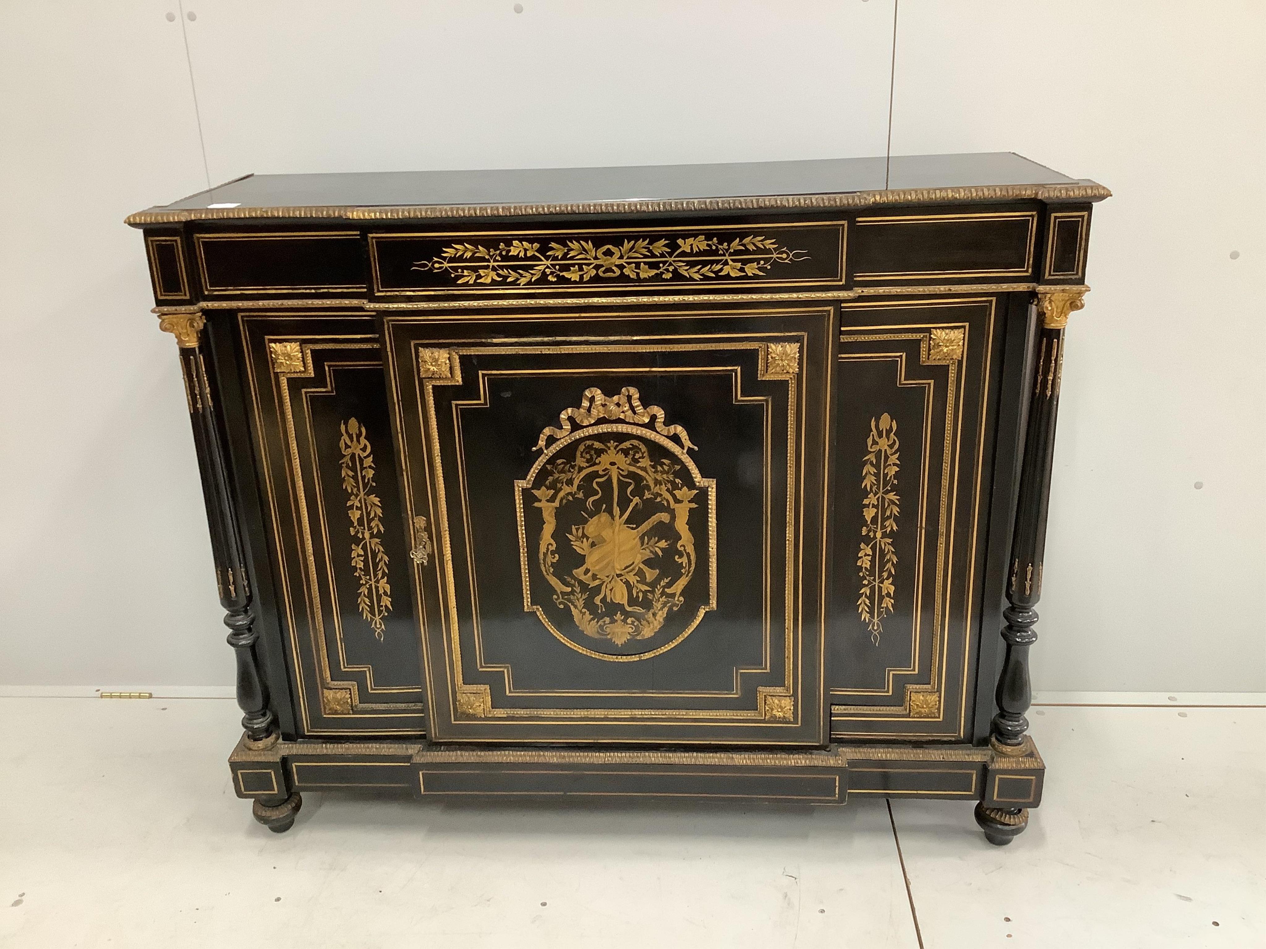 A Louis XV1 style ebonised and cut brass side cabinet, width 132cm, depth 41cm, height 108cm. Condition - good